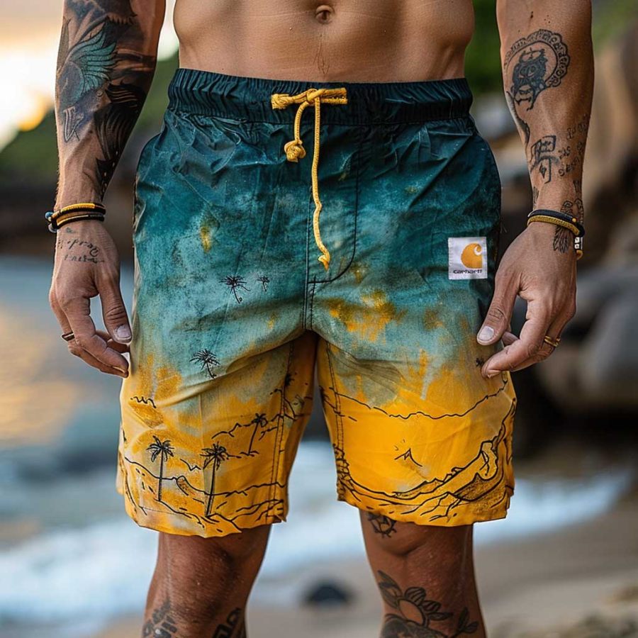 

Men's Vintage Gradient Tie Dye Coconut Tree Surf Shorts Beach Vacation Daily Casual Walkshort