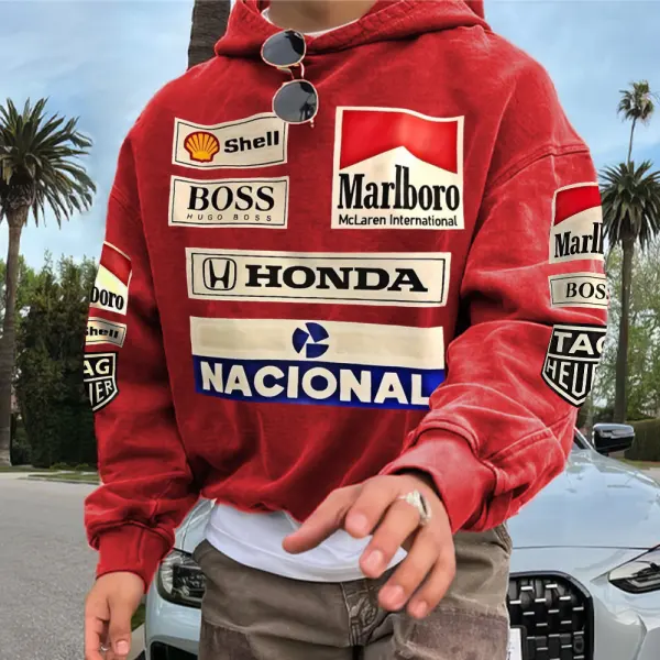 Men's Retro Racing Print Red Oversized Hoodie - Rabclub.com 