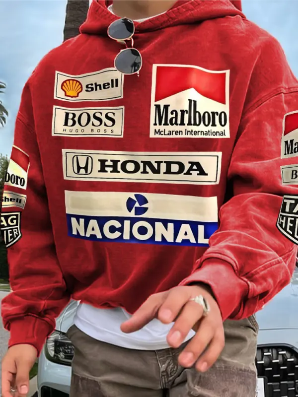 Men's Retro Racing Print Red Oversized Hoodie - Menbarn.com 