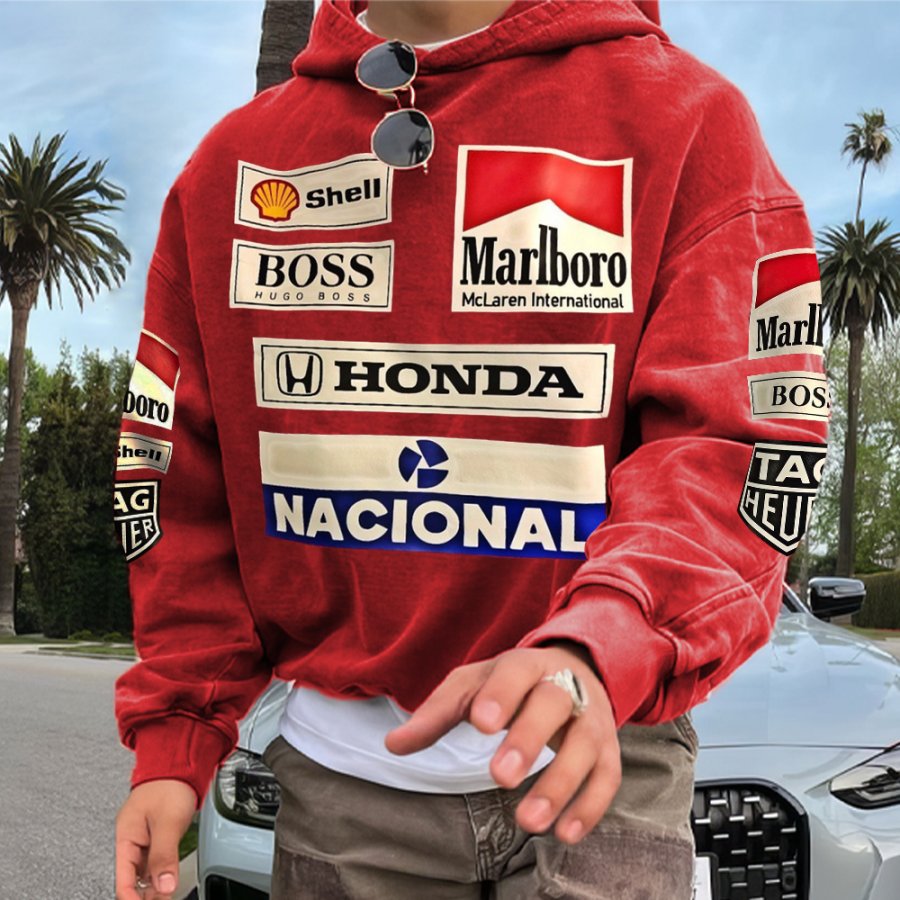 

Men's Retro Racing Print Red Oversized Hoodie