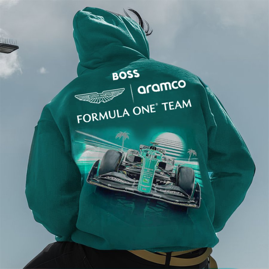 

Men's Retro Racing Print Green Oversized Hoodie