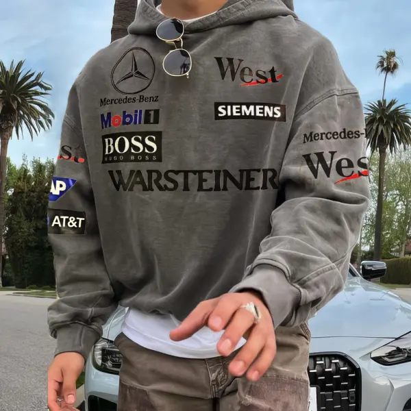 Men's Retro Racing Print Grey Oversized Hoodie - Cotosen.com 