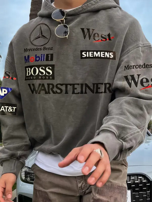 Men's Retro Racing Print Grey Oversized Hoodie - Pragmaace.com 