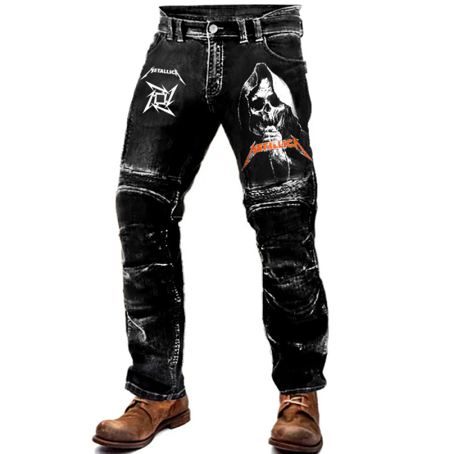 

Men's Vintage Dark Skull Rock Band Print Pants Outdoor Vintage Washed Cotton Trousers