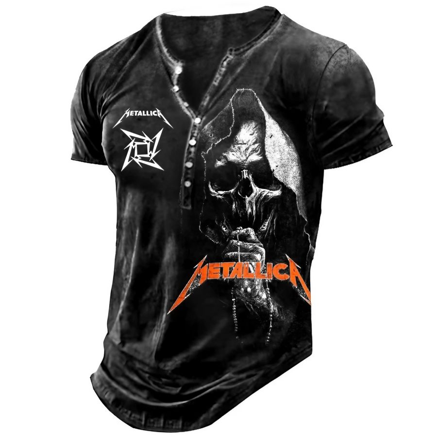 

Men's Vintage Rock Band Dark Skull Short Sleeve Henley T-Shirt
