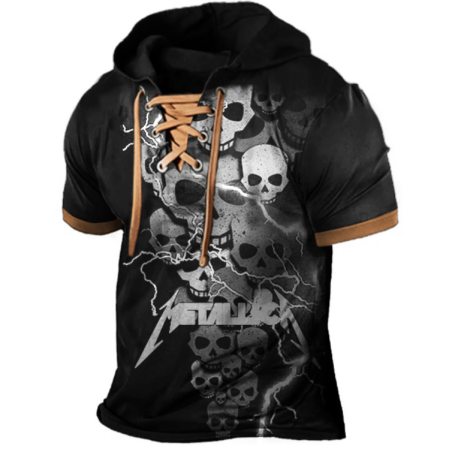 

Men's Vintage Dark Skull Rock Band Lace-Up Hooded Short Sleeve Color Block T-shirt