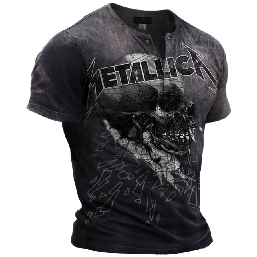 

Men's Vintage Skull Rock Band Color Block Print Henley Short Sleeve T-Shirt