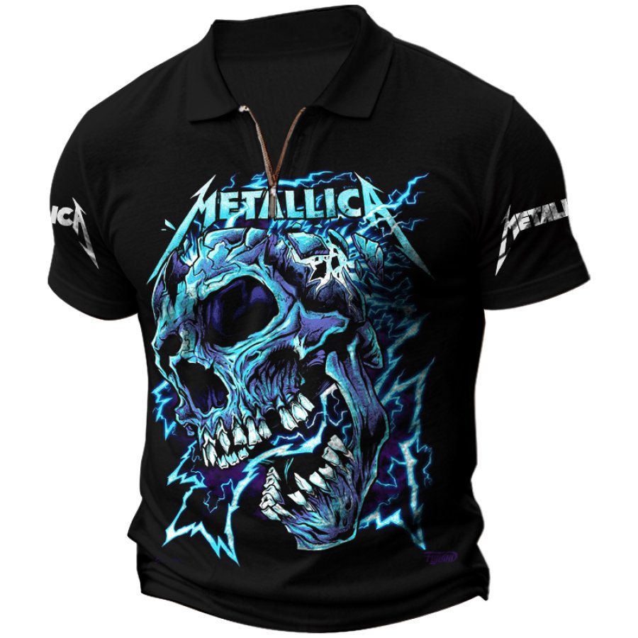 

Men's Vintage Rock Band Color Block Zipper Polo Collar Short Sleeve T-shirt