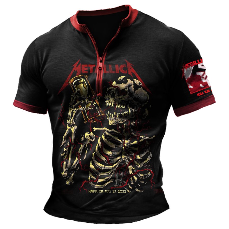 

Men's Vintage Rock Band Color Block Zipper Henley Collar Short Sleeve T-shirt