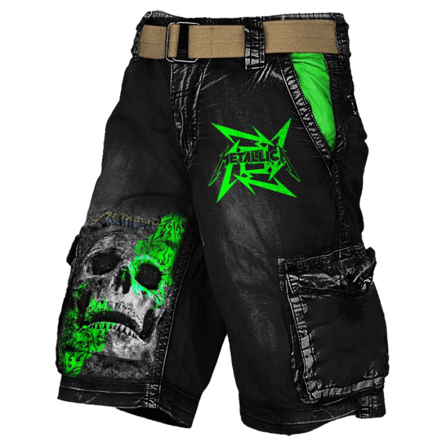 

Vintage Rock Band Skull Green Fluorescence Printed Shorts