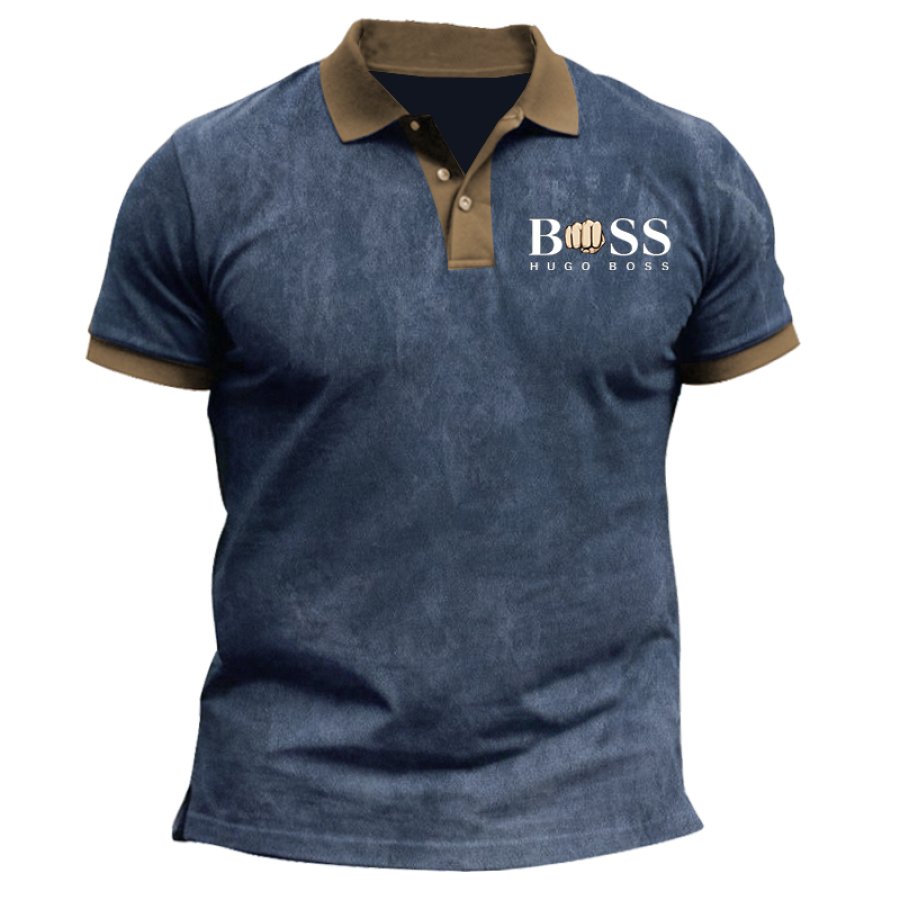 

Men's Retro Distressed Textured Printed Casual Polo Shirt