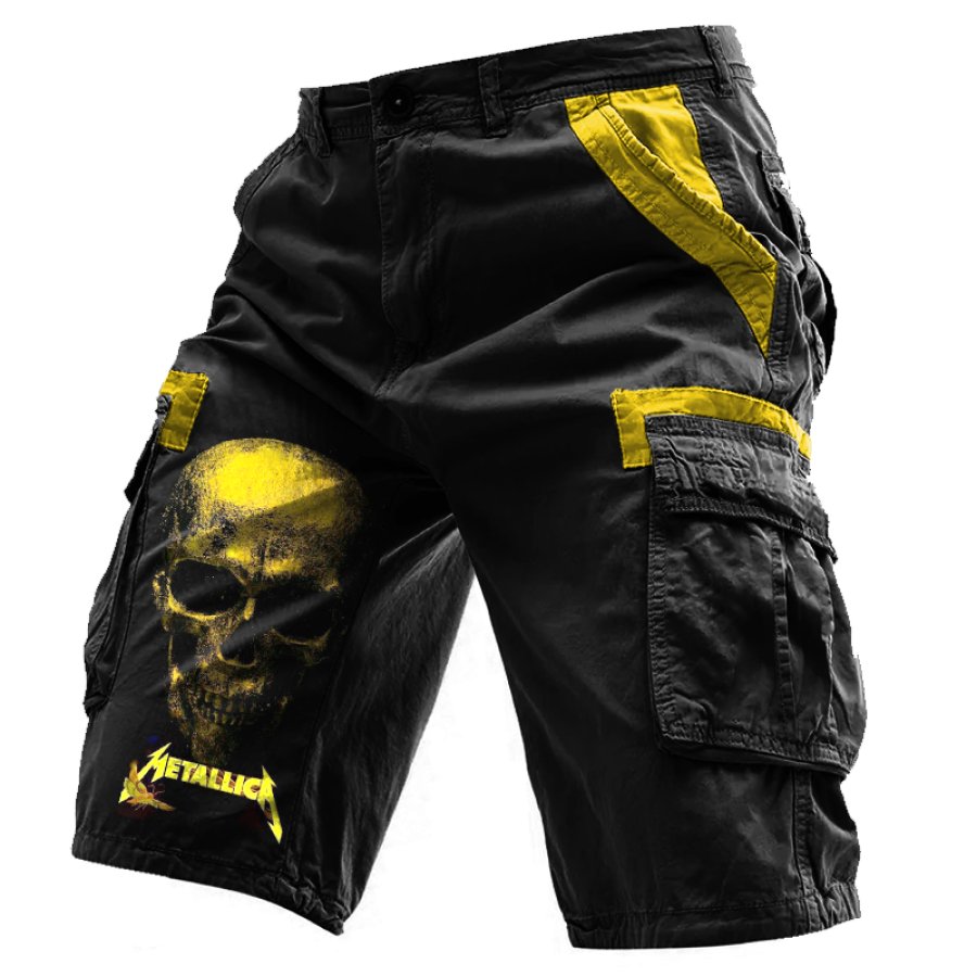 

Men's Vintage Rock Band Golden Skull Printed Contrasting Color Shorts