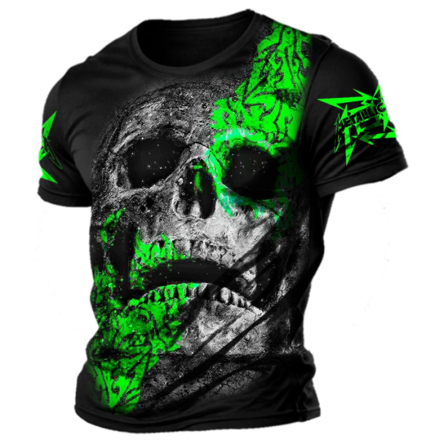 

Vintage Rock Band Skull Green Fluorescence Printed T-shirt