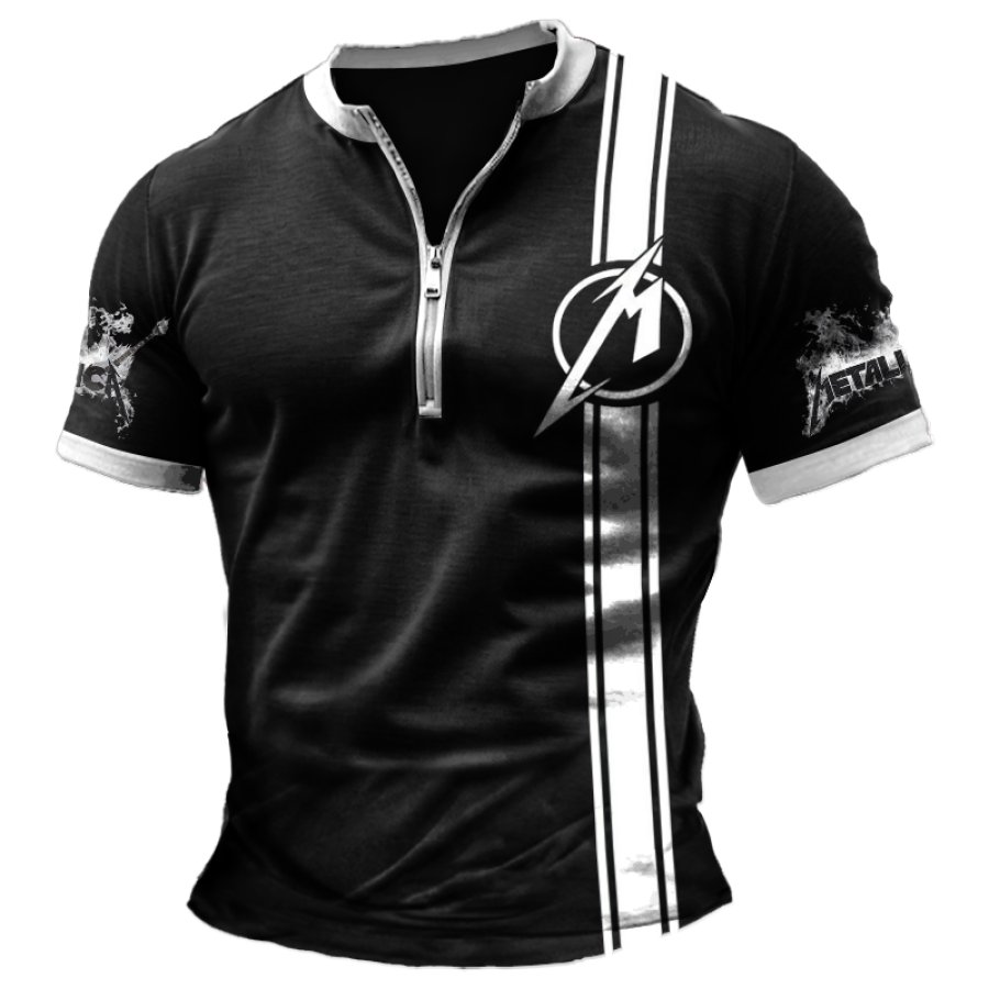 

Men's Rock Band Printed Zipper Collar Contrasting Color T-shirt
