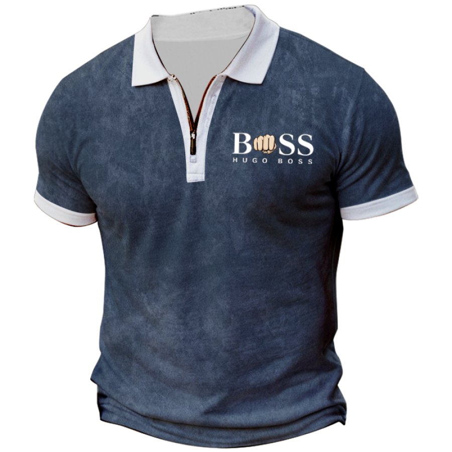 

Men's Retro Distressed Textured Printed Casual Zipper Polo Shirt