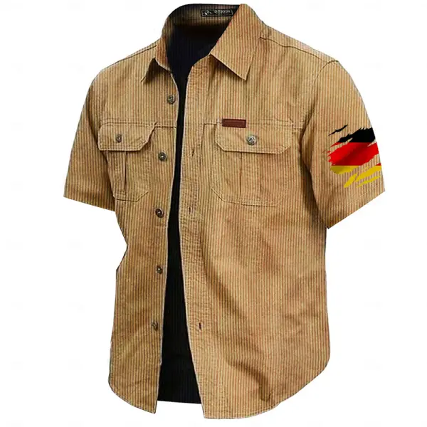 Men's Vintage Corduroy German Flag Pocket Casual Work Cargo Short Sleeve Shirt - Dozenlive.com 