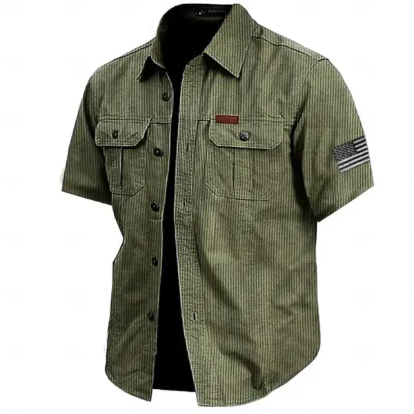 Men's Vintage Corduroy American Flag Pocket Casual Work Cargo Short Sleeve Shirt - Dozenlive.com 