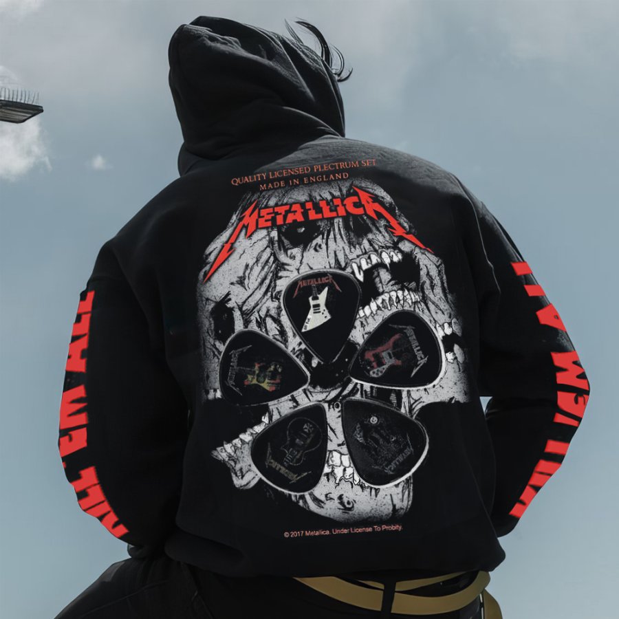 

Men's Skull Rock Band Print Black Oversized Hoodie