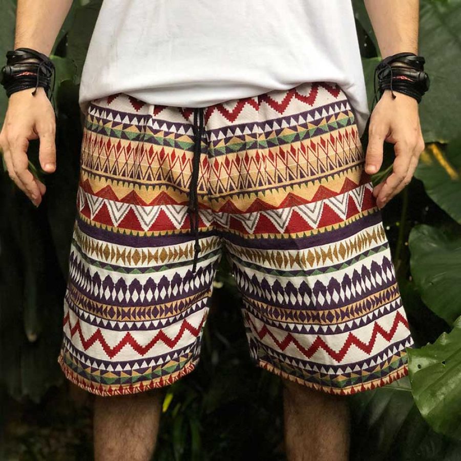 

Men's Vintage Hippie Boho Tribal Aztec Print Elastic Drawstring Shorts