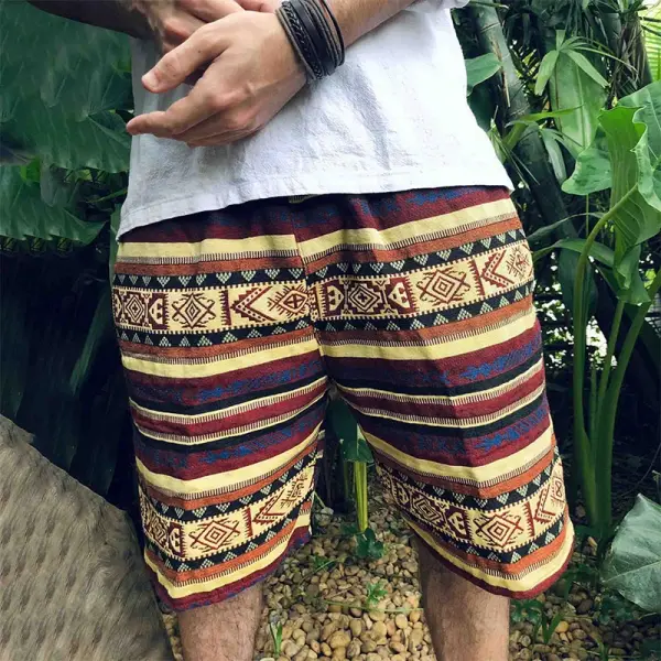 Men's Vintage Hippie Boho Tribal Aztec Print Elastic Drawstring Shorts - Wayrates.com 