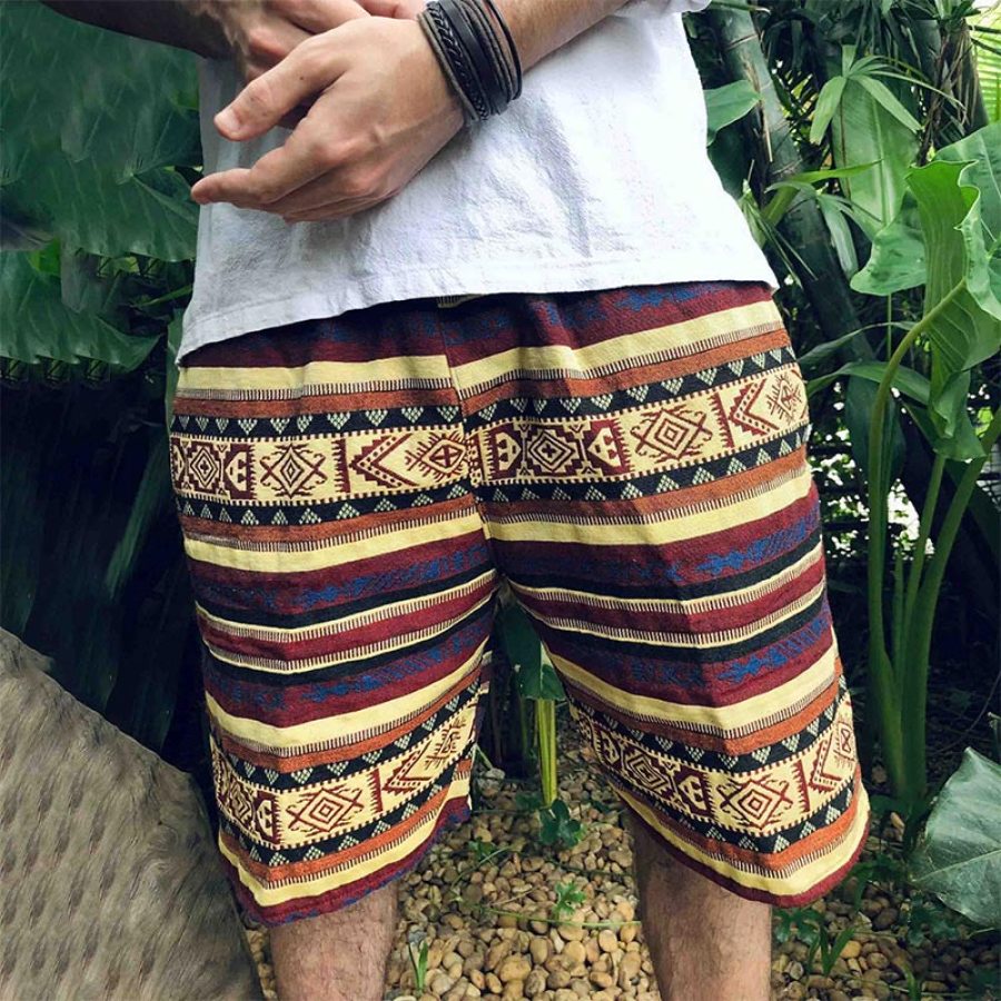 

Men's Vintage Hippie Boho Tribal Aztec Print Elastic Drawstring Shorts