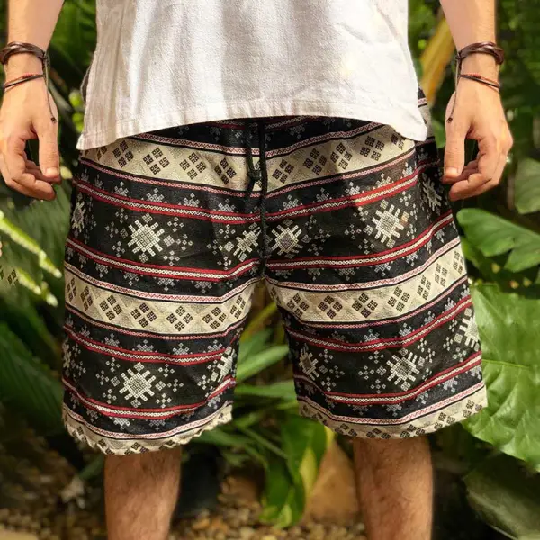 Men's Vintage Hippie Boho Tribal Aztec Print Elastic Drawstring Shorts - Wayrates.com 