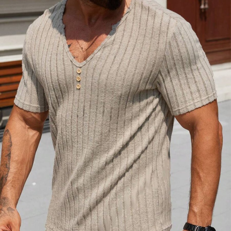 

Men's Summer Slim Collar Short Sleeve Casual Textured Fabric Deep V Neck Shirt