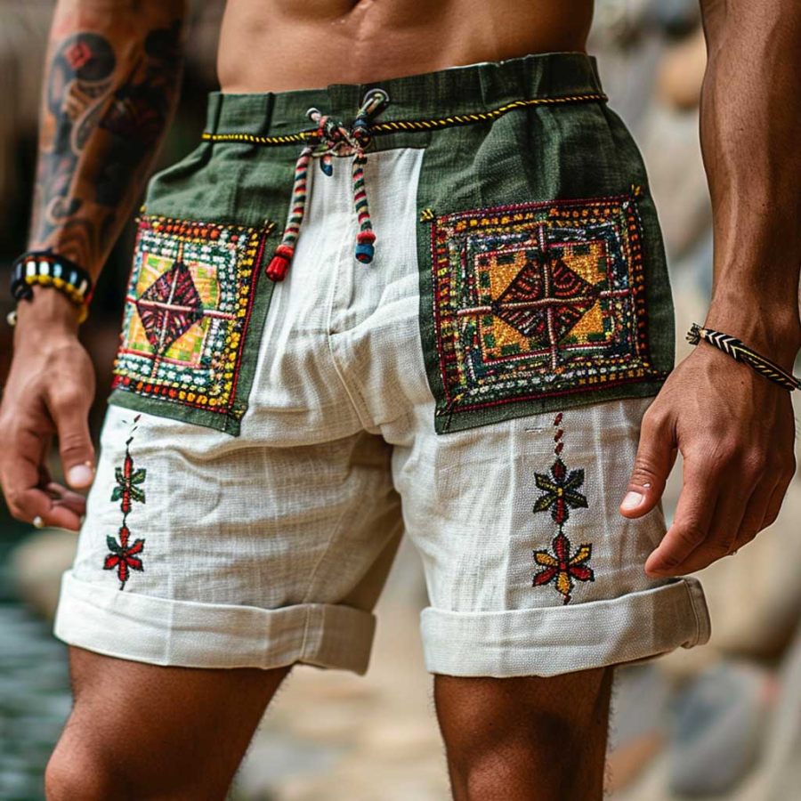 

Men's Vintage Cotton And Linen Ethnic Aztec Hippie Print Color Block Casual Elastic Shorts