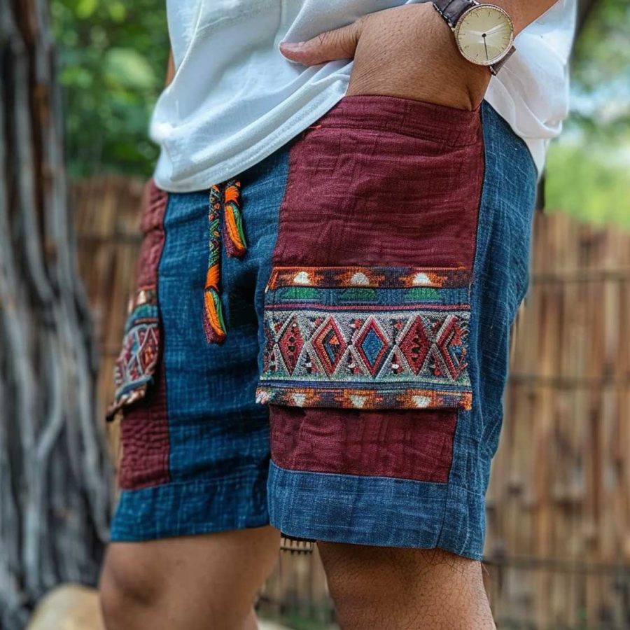 

Men's Vintage Cotton And Linen Ethnic Aztec Hippie Print Color Block Casual Elastic Cargo Shorts