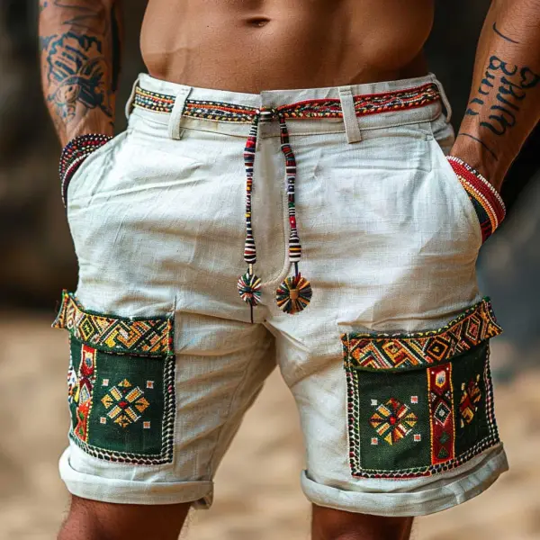 Men's Vintage Cotton And Linen Ethnic Aztec Hippie Print Casual Shorts - Wayrates.com 