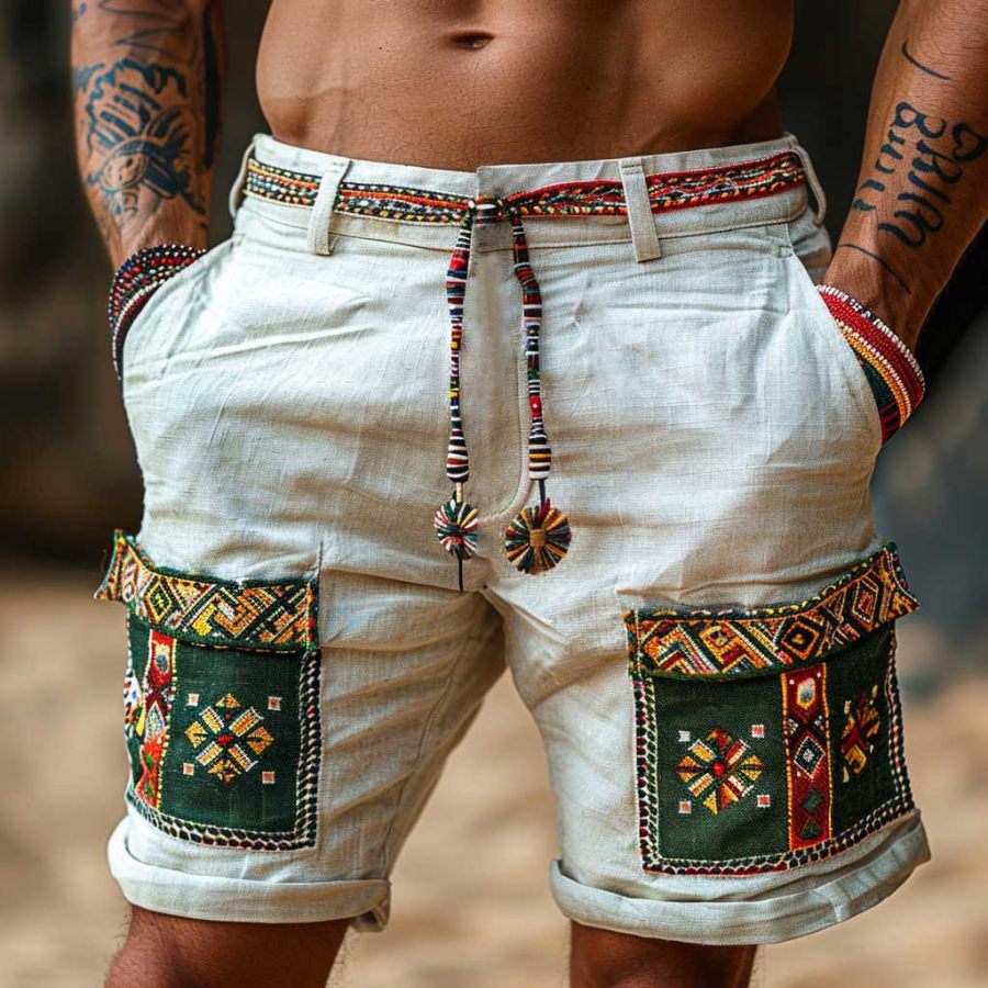 

Men's Vintage Cotton And Linen Ethnic Aztec Hippie Print Casual Shorts