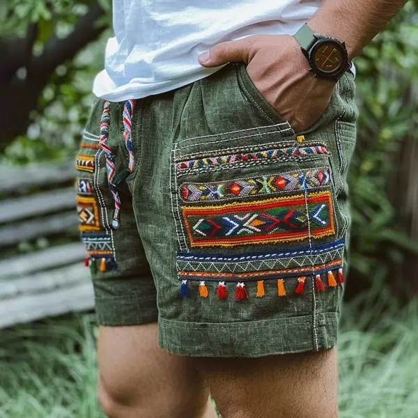 Men's Vintage Cotton And Linen Ethnic Aztec Hippie Print Casual Elastic 5 Inch Shorts Only $28.99 - Elementnice.com 