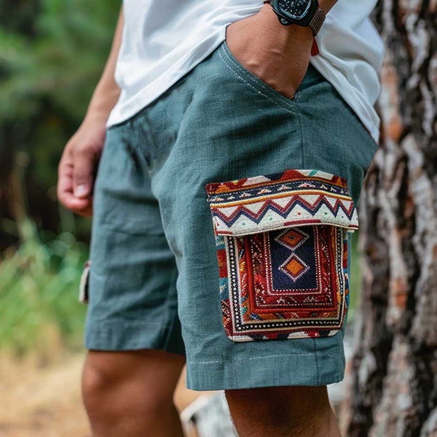 

Men's Vintage Cotton And Linen Ethnic Aztec Hippie Print Casual Elastic Cargo Shorts