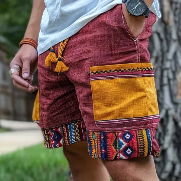 Men's Vintage Cotton And Linen Ethnic Aztec Hippie Print Casual Elastic Cargo Shorts - Wayrates.com 