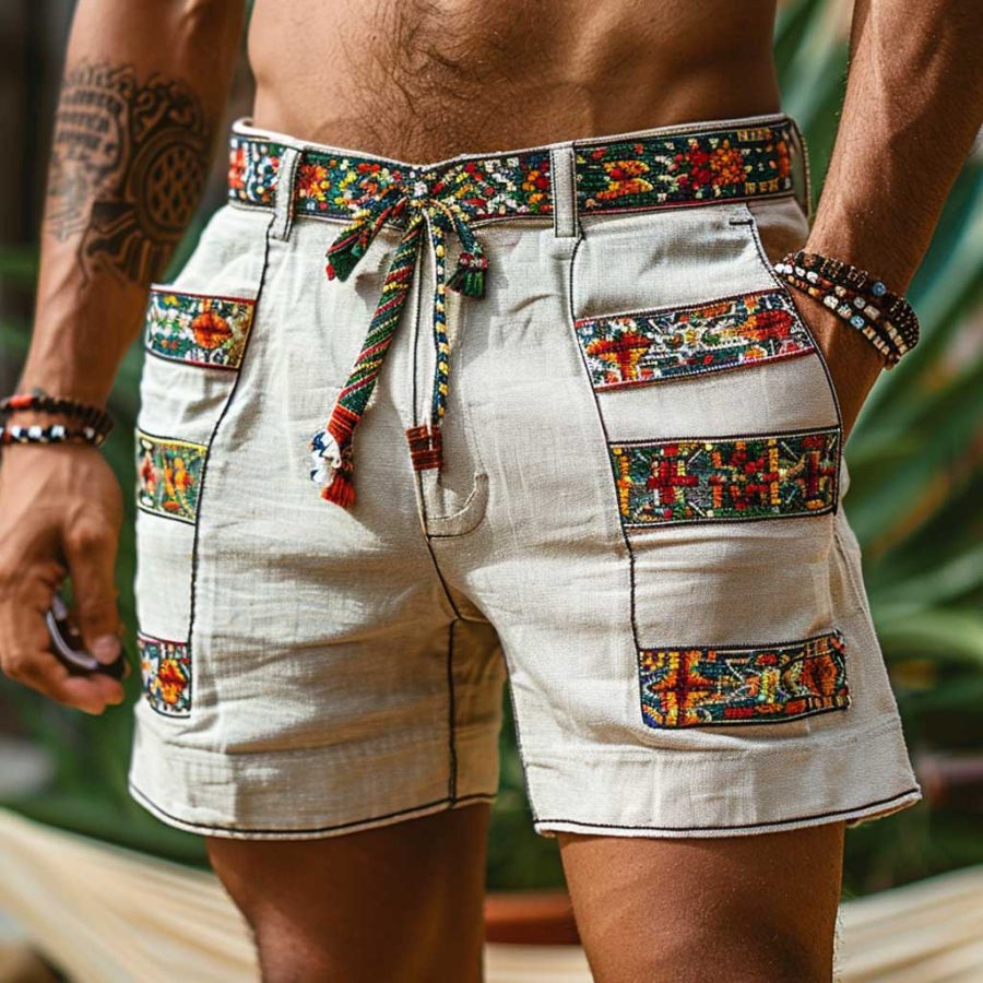 

Men's Vintage Cotton Ethnic Aztec Hippie Print Casual Elastic 5 Inch Shorts