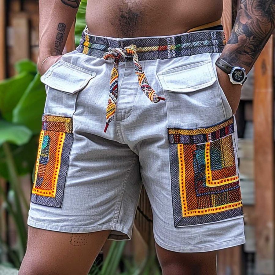 

Men's Vintage Cotton And Linen Ethnic Aztec Hippie Print Casual Elastic 5 Inch Cargo Shorts