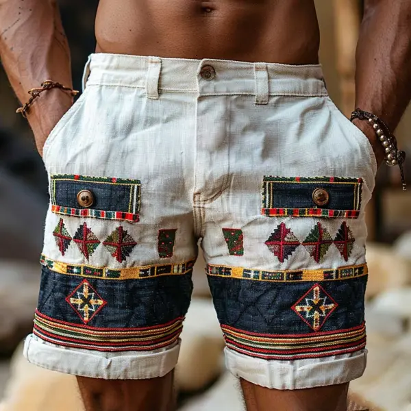 Men's Vintage Cotton And Linen Ethnic Aztec Hippie Print Casual 5 Inch Cargo Shorts - Wayrates.com 