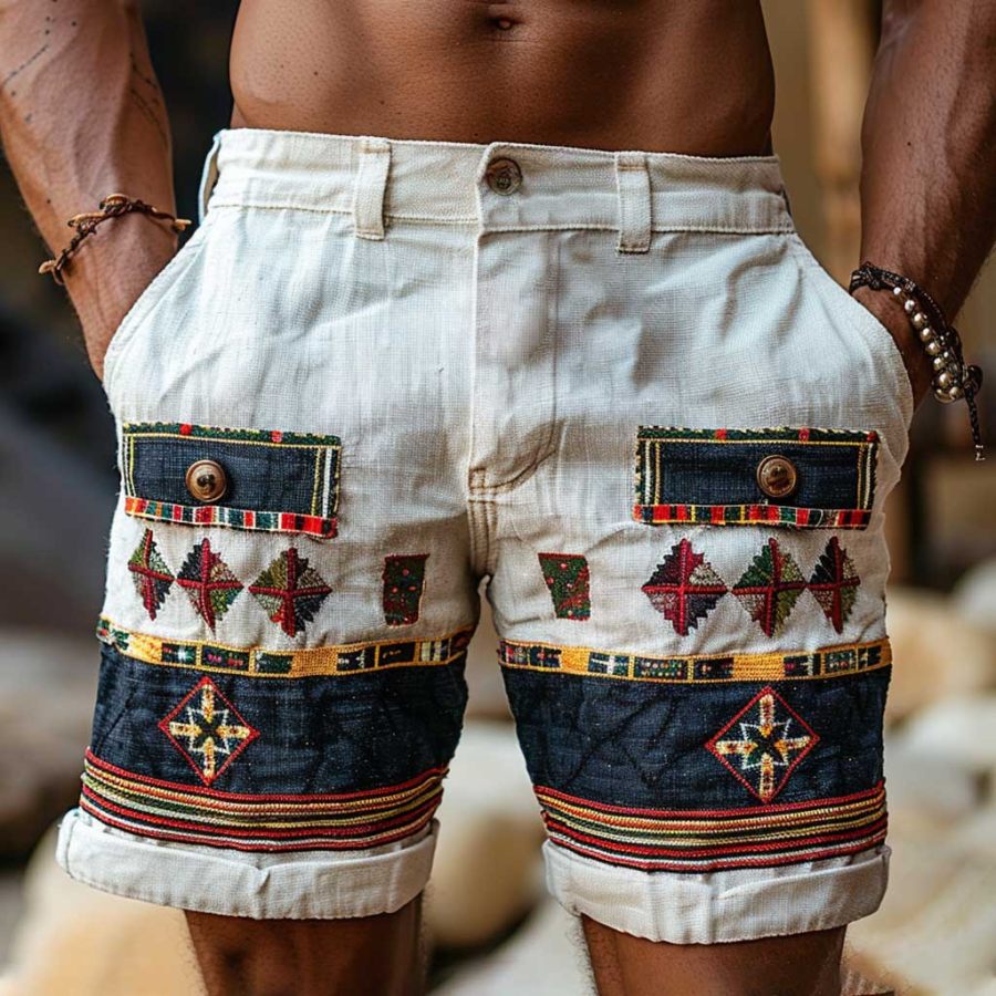 

Men's Vintage Cotton And Linen Ethnic Aztec Hippie Print Casual 5 Inch Cargo Shorts