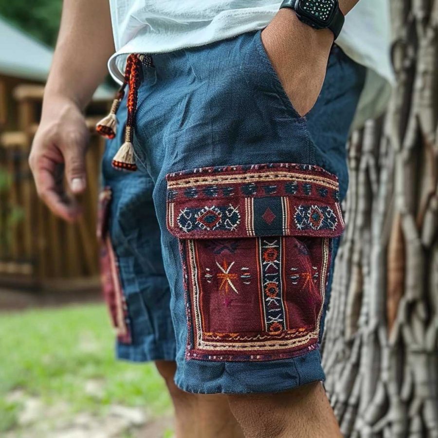 

Men's Vintage Cotton And Linen Ethnic Aztec Hippie Print Casual Elastic Cargo Shorts