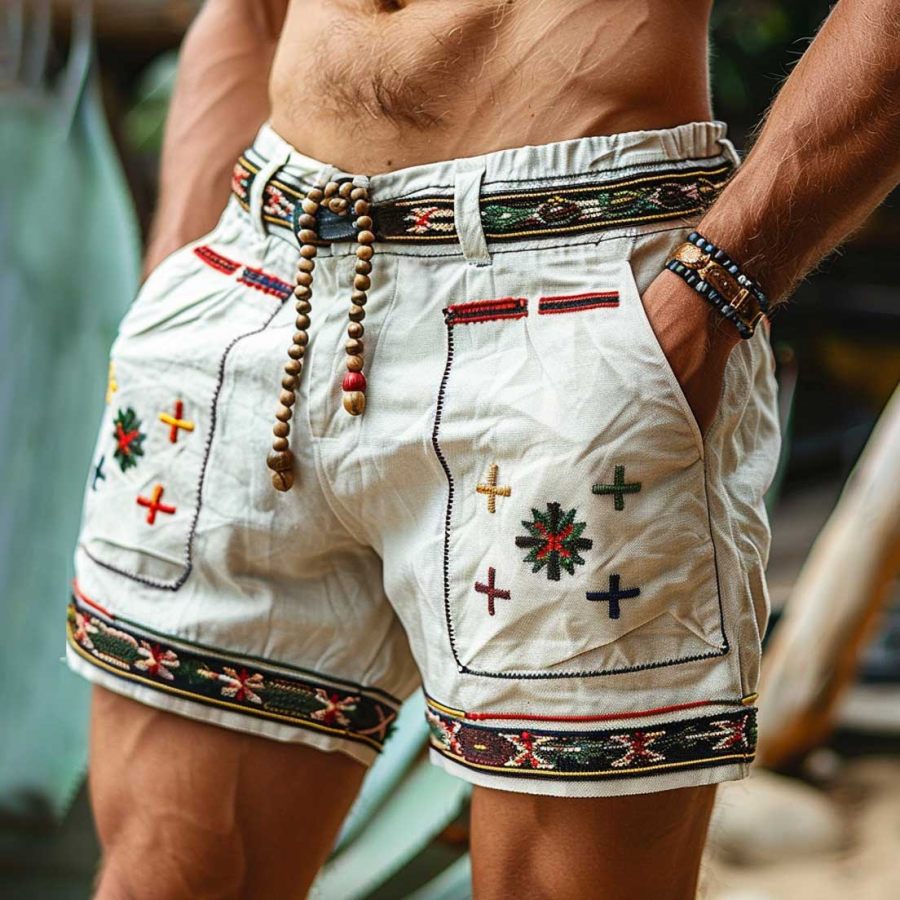 

Men's Vintage Cotton And Linen Ethnic Aztec Hippie Print Casual Elastic Shorts