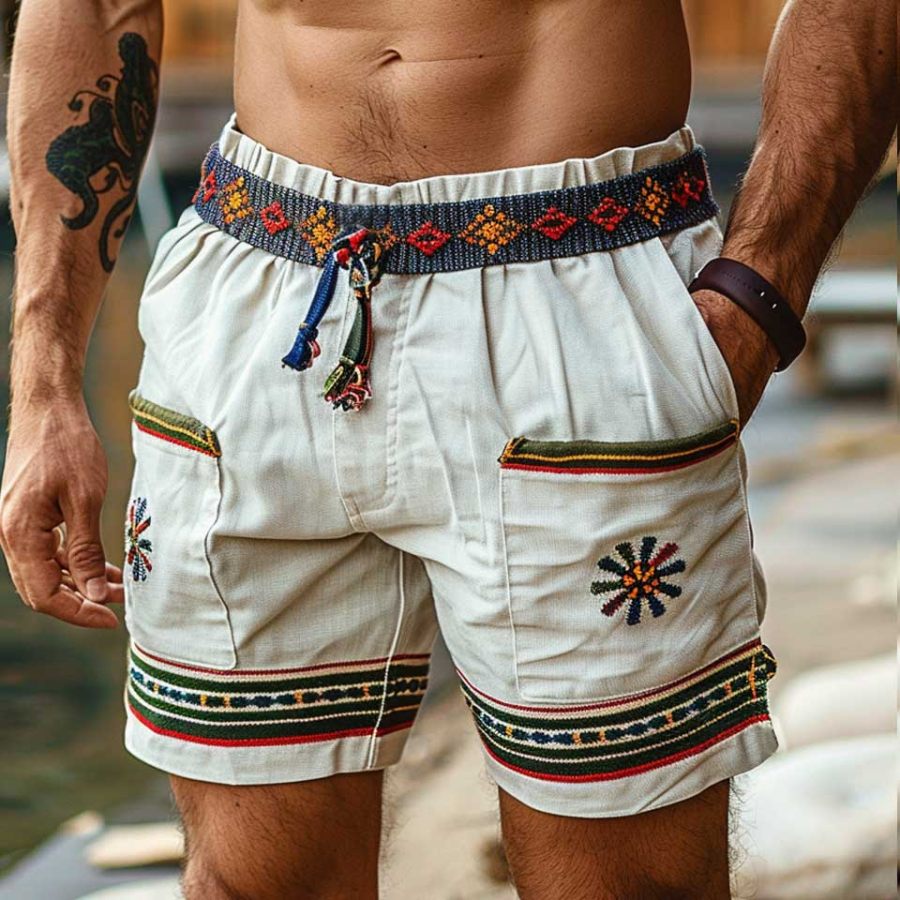 

Men's Vintage Cotton Ethnic Aztec Hippie Print Casual Elastic 5 Inch Shorts