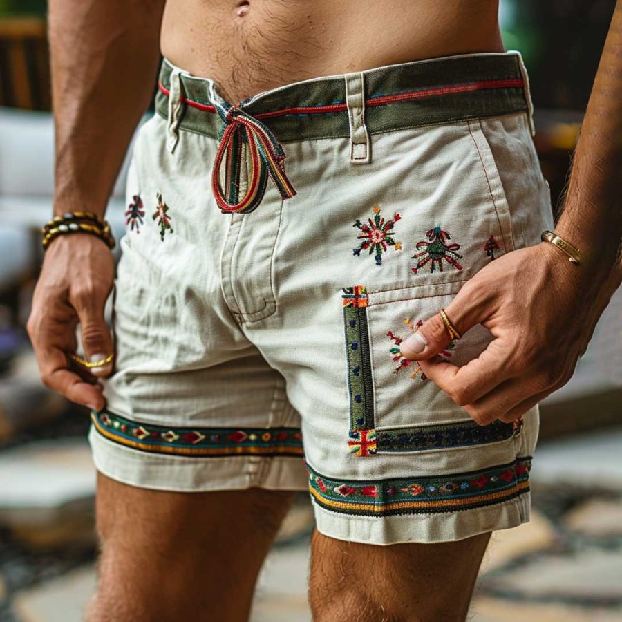 

Men's Vintage Cotton And Linen Ethnic Aztec Hippie Print Casual 5 Inch Cargo Shorts