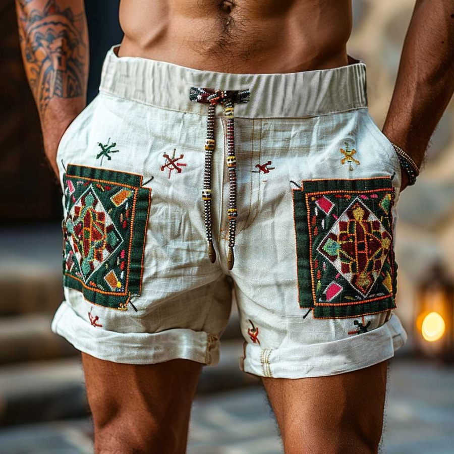 

Men's Vintage Cotton Ethnic Aztec Hippie Print Casual Elastic 5 Inch Shorts