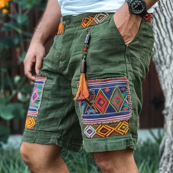 Men's Vintage Cotton And Linen Ethnic Aztec Hippie Print Color Block Casual Cargo Shorts - Wayrates.com 