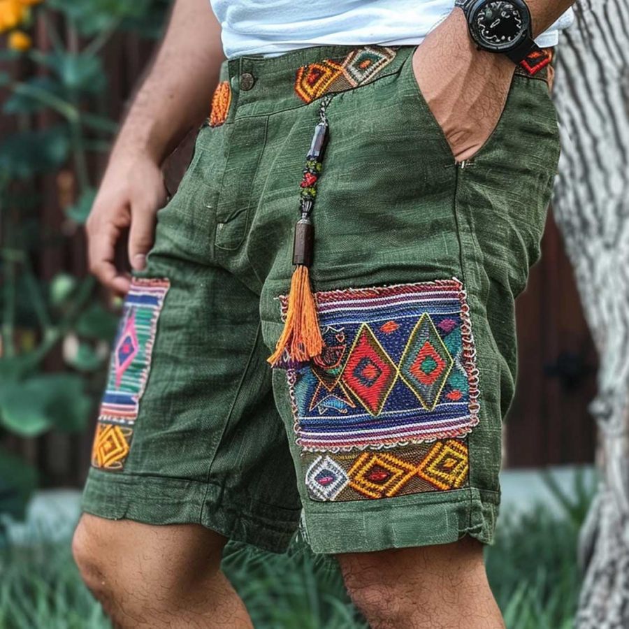 

Men's Vintage Cotton And Linen Ethnic Aztec Hippie Print Color Block Casual Cargo Shorts