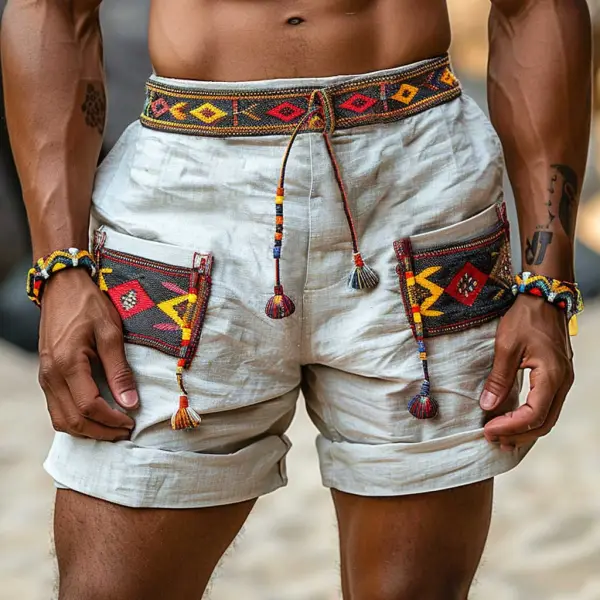 Men's Vintage Cotton Ethnic Aztec Hippie Print Casual Elastic 5 Inch Shorts - Wayrates.com 