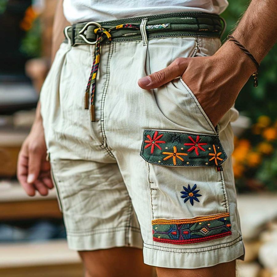 

Men's Vintage Cotton And Linen Ethnic Aztec Hippie Print Casual Cargo Shorts