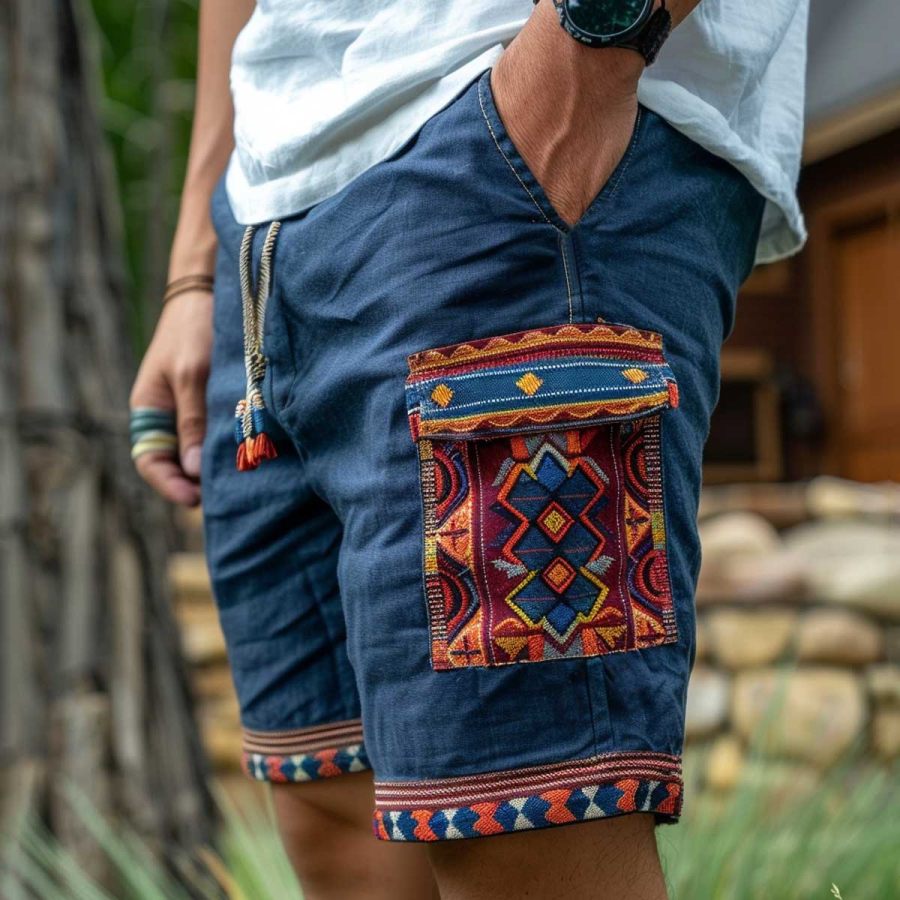 

Men's Vintage Cotton And Linen Ethnic Aztec Hippie Print Casual Elastic Cargo Shorts