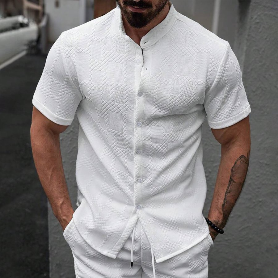 

Men's Summer Slim Short Sleeve Casual Geometric Plaid Textured Jacquard White Stand-Up Collar Shirt