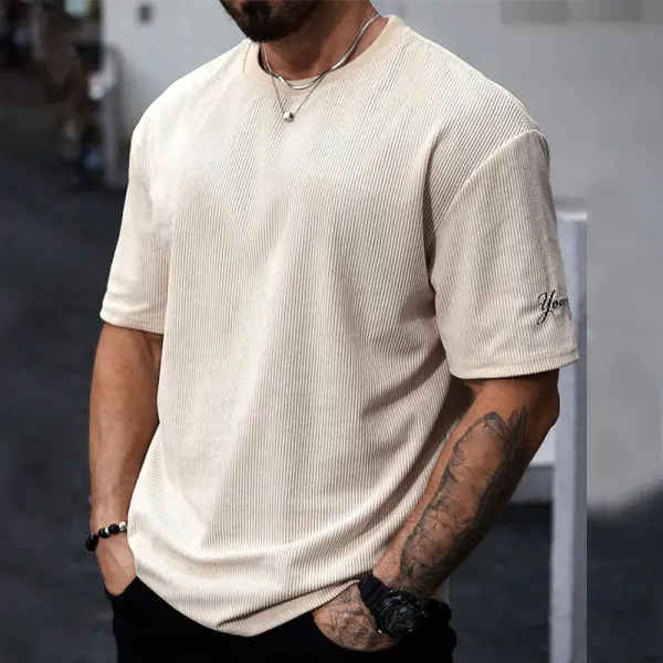 Men's Summer Slim Collar Short Sleeve Casual Corduroy Textured Fabric Deep Crew Neck T-shirt - Wayrates.com 